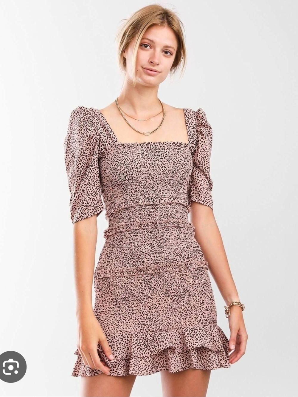 Hyfve Smocked Ruffle Chiffon Mini Dress Leopard Pint New Medium